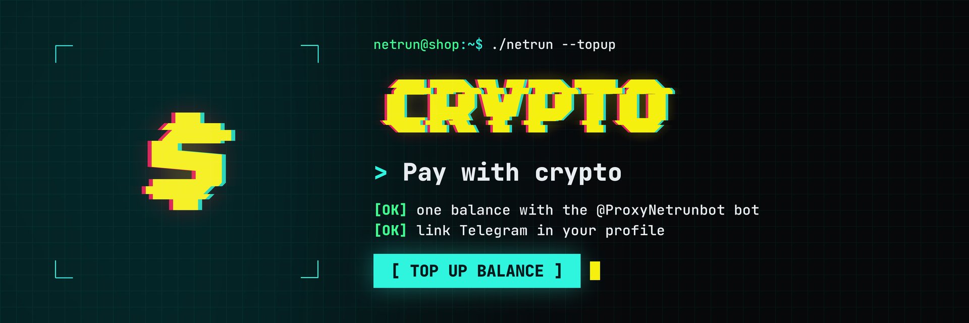 Pay with crypto, one balance with the Telegram bot — top up your balance