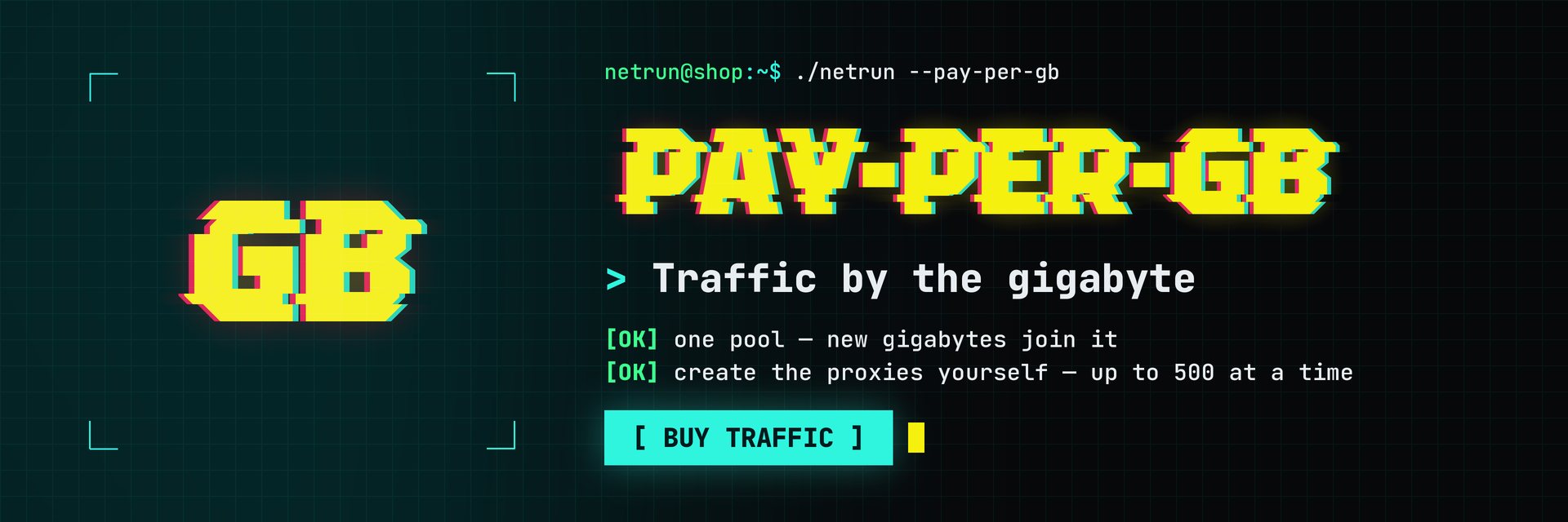 Pay-per-GB: one traffic pool, you create the proxies — buy traffic